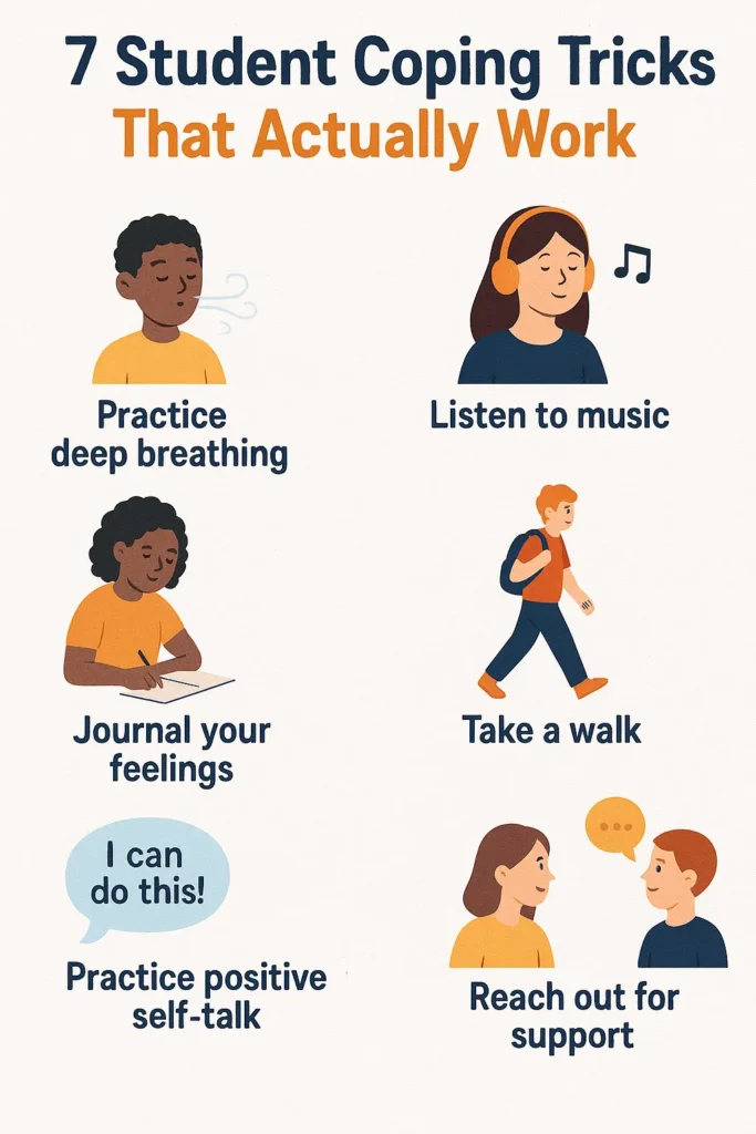 Back-to-School Anxiety: Stress Tips for Parents & Students Infographic showing 7 proven student coping tricks for back-to-school anxiety, including deep breathing, journaling, and movement breaks.