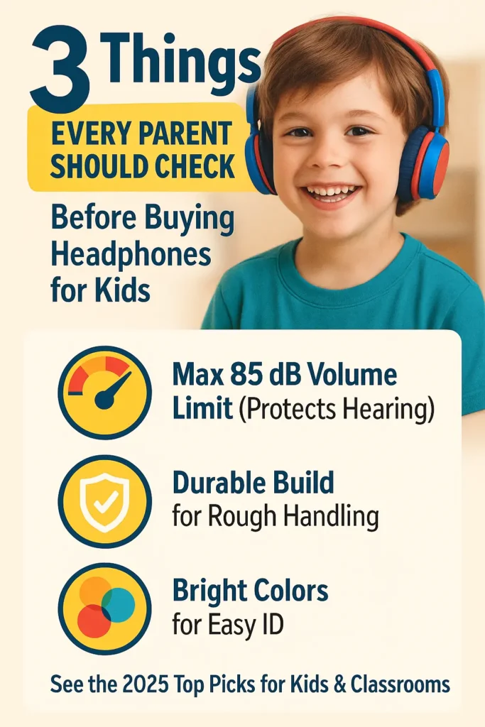 Best Headphones for Online Classes in 2025 (Students, Teachers & Classroom Use) Checklist of 3 things parents should look for when buying headphones for kids' online classes — volume limiting, durable design, and bright colors.