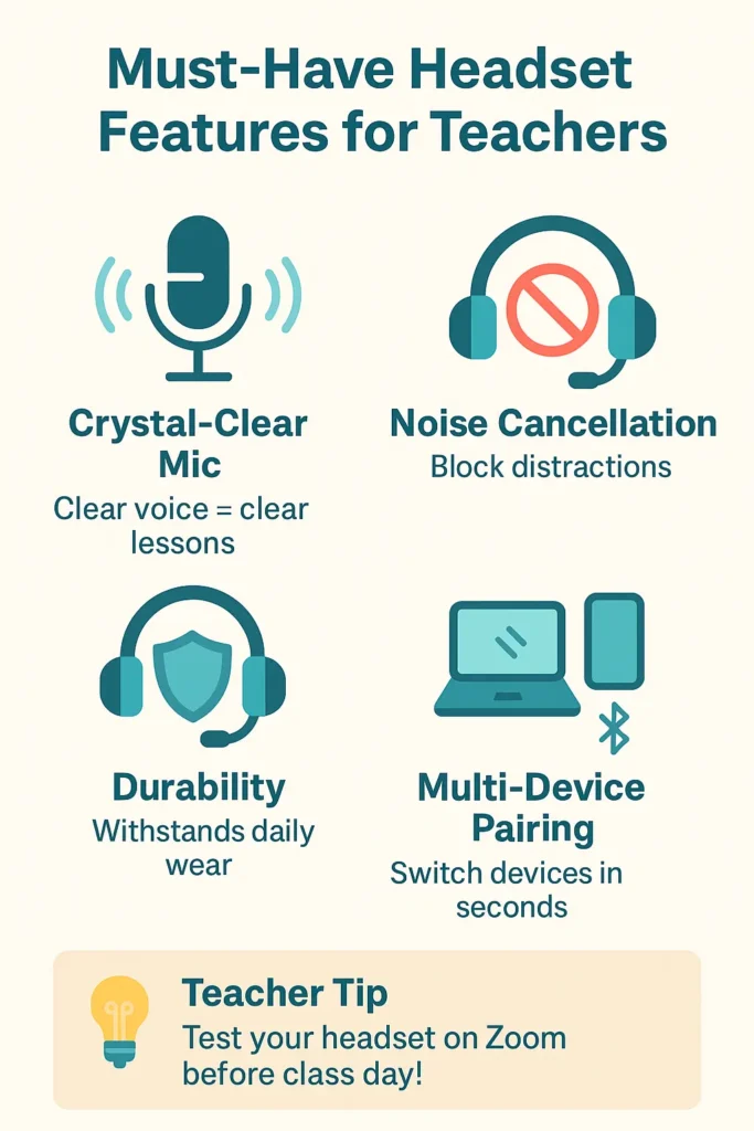 Best Headphones for Online Classes in 2025 (Students, Teachers & Classroom Use) Flat-style infographic showing four key headset features for teachers in 2025 — crystal-clear mic, noise cancellation, durability, and multi-device pairing — with simple icons for each.