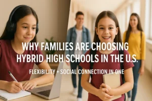 Student learning online at home and in-person at school, representing the best hybrid high schools (online + in-person) in the U.S.