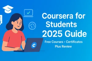 Student using Coursera on a laptop with icons for online courses, certificates, and global learning – Coursera guide 2025