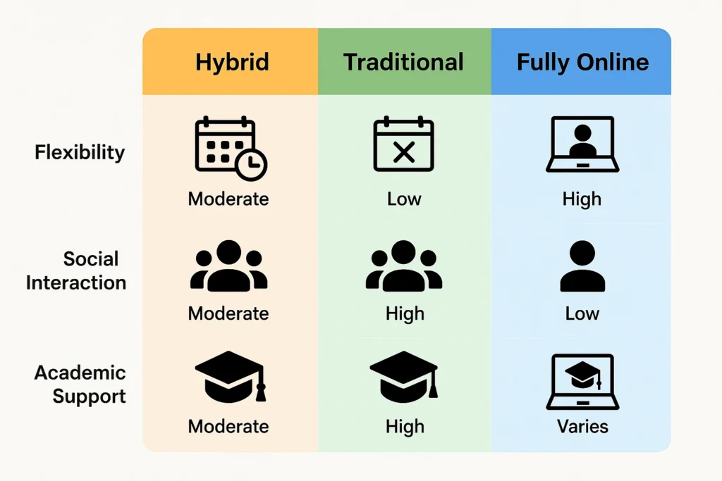 10 Best Hybrid High Schools (Online + In-Person) — 2025 U.S. Guide What Exactly Is a Hybrid High School — Comparison chart of hybrid, traditional, and fully online high schools showing differences in schedule, flexibility, personalization, and learning style.