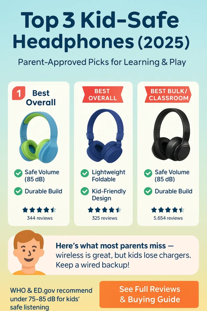 Best Headphones for Online Classes in 2025 (Students, Teachers & Classroom Use) Vertical infographic showing top 3 kid-safe headphones for classroom use with volume-limiting features, durability, and bright colors