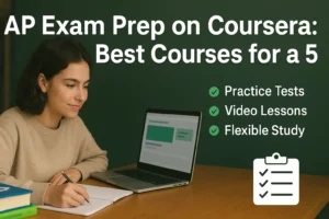 AP Exam Prep on Coursera: Best Online Courses to Score a 5 (2025–26 Guide) Student studying for AP exams with laptop and books, feature graphic promoting best Coursera courses to score a 5