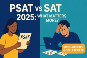PSAT vs SAT 2025: What’s the Real Difference? Illustration comparing PSAT vs SAT 2025 with students preparing for exams, highlighting college prep and scholarships.