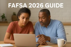 FAFSA 2025–26: Eligibility & Income Limits, Deadlines and Tips Most Parents Miss Feature image for FAFSA 2026 guide showing a student and parent reviewing financial aid forms, symbolizing FAFSA deadlines and tips.