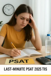 Last-Minute PSAT 2025 Tips (Do’s & Don’ts Before Test Day) High school student studying with notes and checklist for last-minute PSAT 2025 prep tips