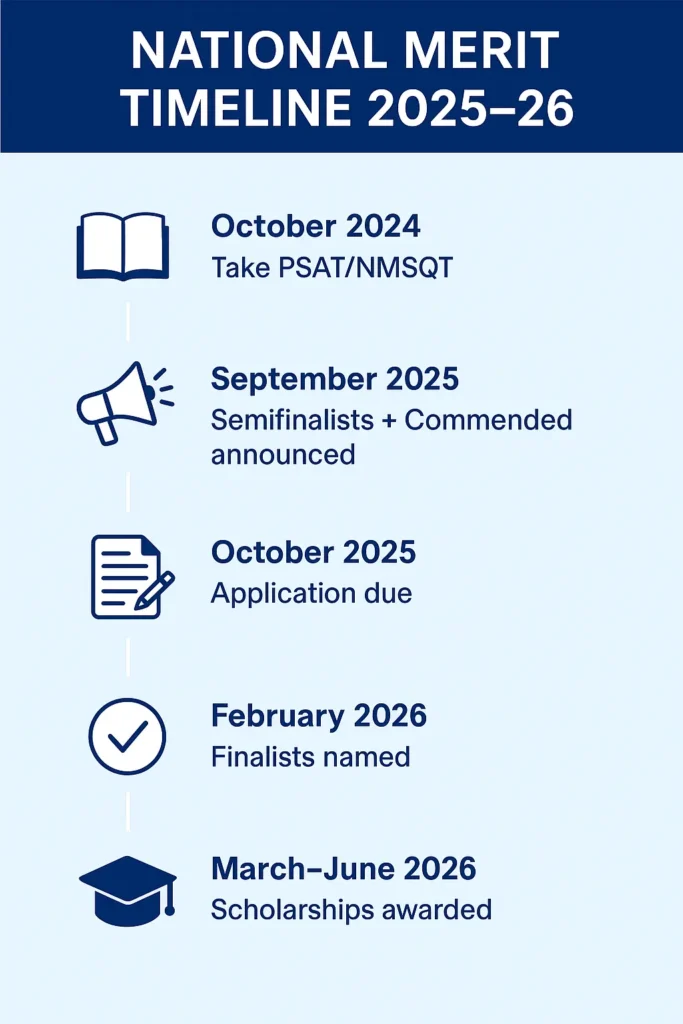 National Merit Scholarship 2025: Cutoffs, States, and Tips Infographic showing the National Merit Scholarship 2025–26 timeline with key dates: PSAT/NMSQT in October 2024, semifinalists announced September 2025, application deadline October 2025, finalists named February 2026, and scholarships awarded March–June 2026.