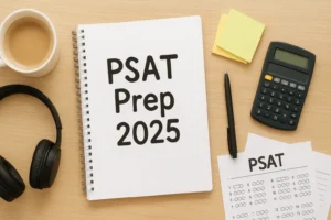 PSAT 2025 Guide: Dates, Scores, Cutoffs & Prep Tips Flat lay of PSAT 2025 prep materials including notebook, calculator, practice test, and headphones on a desk.