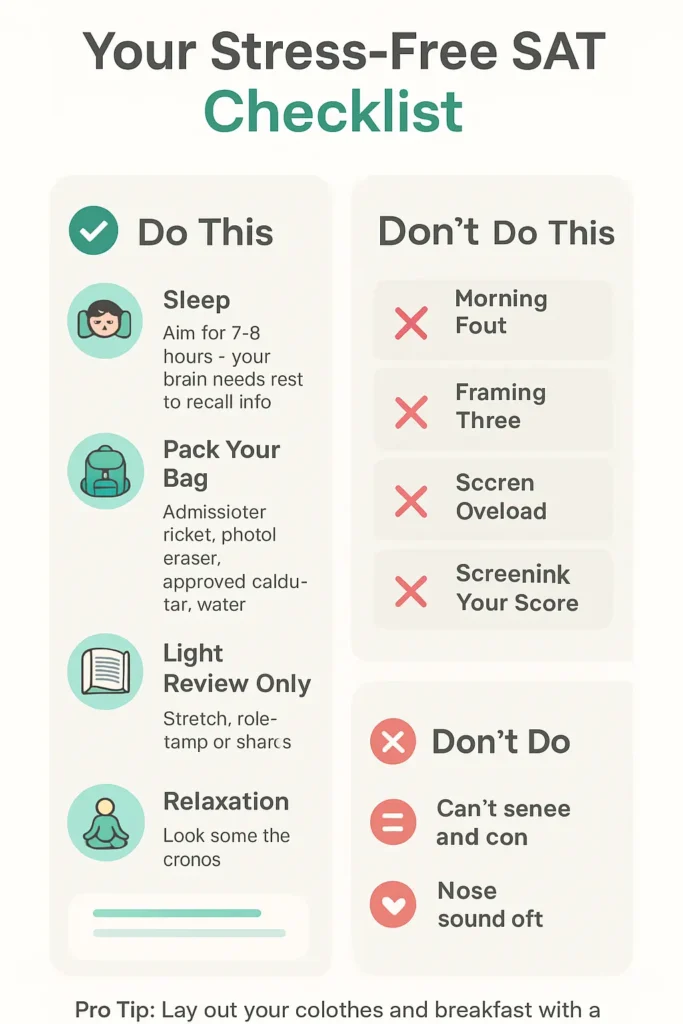 Last-Minute SAT Tips: How to Boost Your Score When Time Is Running Out ✅ Do ThisSleep: Aim for 7–8 hours — your brain needs rest to recall info. 🛌Pack Your Bag: Admission ticket, photo ID, pencils, eraser, approved calculator, water, snacks. 🎒Light Review Only: Flashcards, 10–15 math questions, or skim notes. 📖Relaxation: Stretch, meditate, or take a short walk to reduce stress. 🧘♂️❌ Don’t Do ThisCram New Material: Avoid learning new strategies or vocab — it can confuse more than help. 🚫Overuse Caffeine: Late coffee or energy drinks can disrupt sleep. ☕❌Screen Overload: Avoid TikTok, YouTube, or scrolling social media until late. 📱❌Overthink Your Score: Stressing over your goal can harm performance. 😬