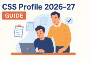 CSS Profile 2026–27: Complete Guide for Students & Parents Illustration showing students and parents completing the CSS Profile 2026–27 online form for college financial aid, with icons for deadlines, documents, and scholarships.
