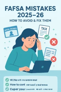 FAFSA Mistakes 2025–26: 10 Common Errors & How to Fix Them Illustration of a parent and student reviewing FAFSA 2025–26 application with icons of common mistakes like Social Security number, tax forms, and school list around them.
