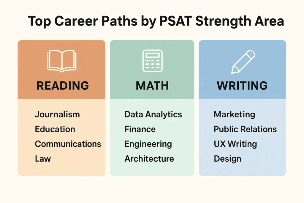 What to Do After the PSAT (2025-26 Student Game Plan) Career options categorized by PSAT strength areas like Reading, Writing, and Math.