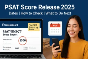 PSAT Score Release 2025: Dates, How to Check, and What to Do Next Students checking PSAT score release 2025-26 on laptop with calendar showing key dates