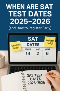 When Are SAT Test Dates in 2025 & 2026 (and How to Register Early) Laptop displaying 2025–2026 SAT test dates calendar with notes saying register early and deadline ahead, next to a student planner and coffee cup.