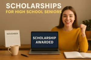 Scholarships for High School Seniors (2025–26 Deadlines & No-Essay Options) Scholarships for high school seniors applying for college in 2025, student celebrating scholarship award at desk with laptop and books.