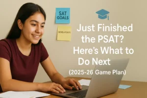 What to Do After the PSAT (2025-26 Student Game Plan) A student checking PSAT results on a laptop with planner and college brochures on a desk, representing a post-PSAT action plan for the school year.