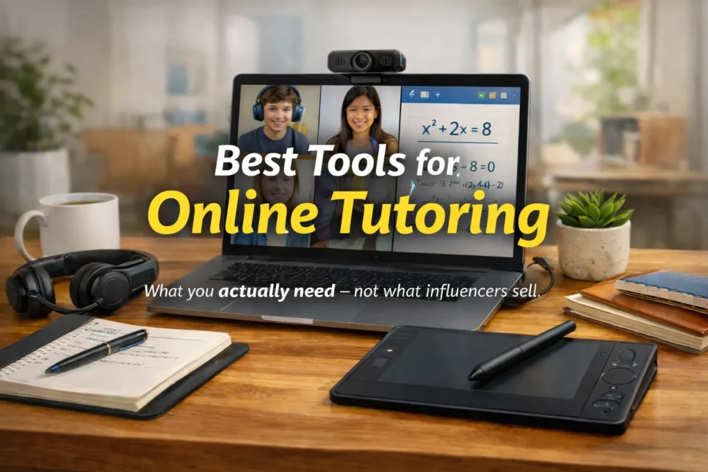 Best tools for online tutoring including webcam, microphone, video conferencing software, and digital whiteboard