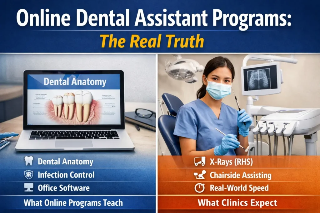 Online dental assistant programs showing coursework versus real clinic chairside skills and X-ray training