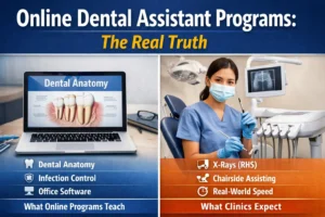 Online dental assistant programs showing coursework versus real clinic chairside skills and X-ray training