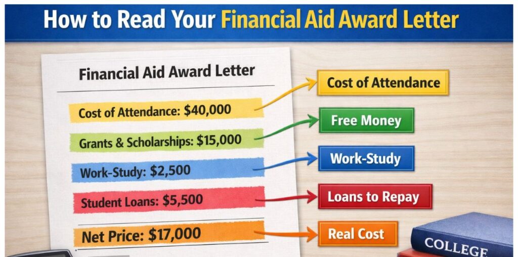 Example financial aid award letter showing cost of attendance, grants, work-study, loans, and net price explained